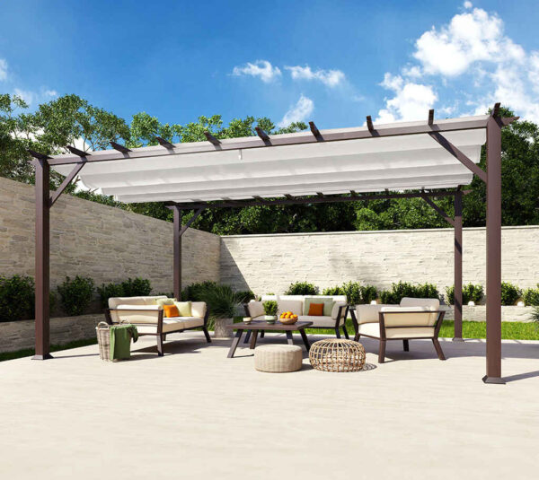 brązowa pergola ogrodowa z białym dachem 3,5x5m