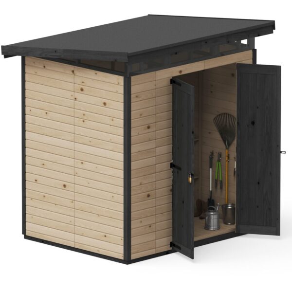 upyard-narzedziownia-domek-na-narzedzia-17x2-brazowy otwarta szopka + wnętrze