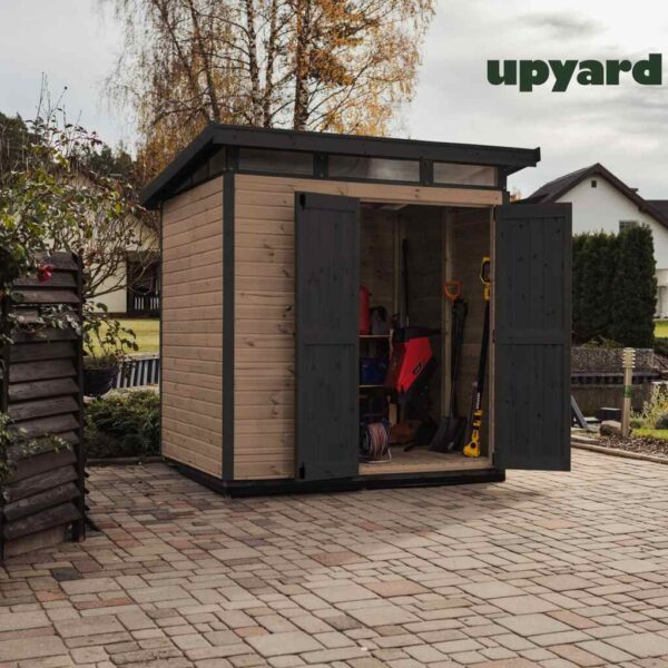 upyard-narzedziownia-domek-na-narzedzia-17x2-brazowy zdjęcie na żywo otwarta szopka