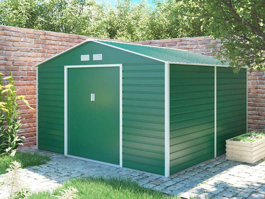 domek-narzedziowy-34-x-32-m-zielony-domek-ogrodowy-szopa w ogrodku
