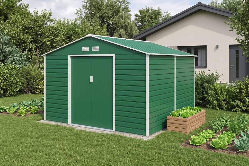 domek-narzedziowy-34-x-32-m-zielony-domek-ogrodowy-szopa w ogrodzie