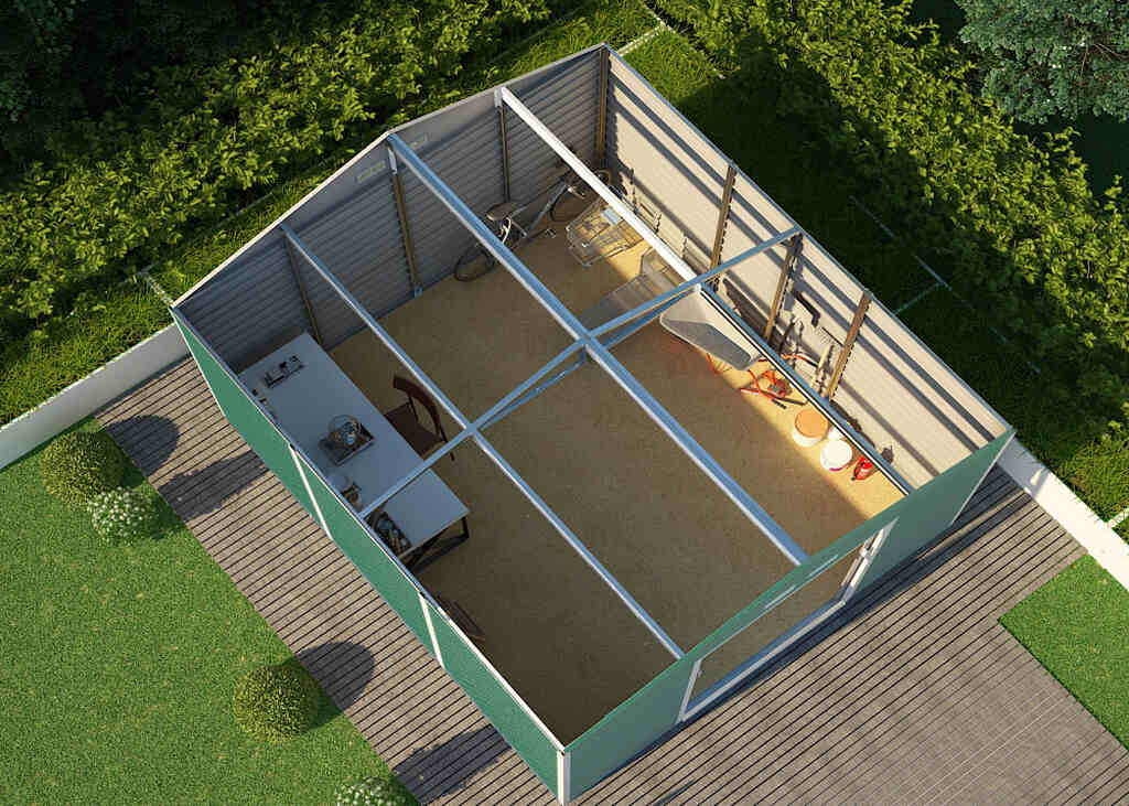 domek-ogrodowy-34x38-m-domek-narzedziowy-narzedziownia-zielony wnetrze
