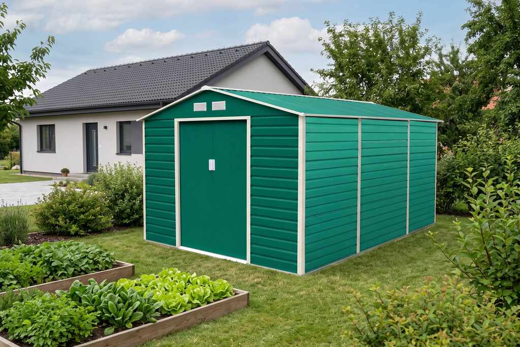 domek-ogrodowy-34x38-m-domek-narzedziowy-narzedziownia-zielony na ogrodzie