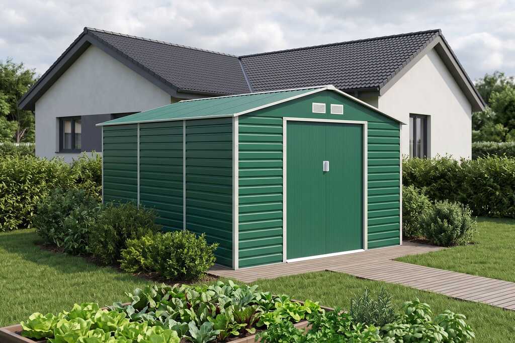 domek-ogrodowy-34x38-m-domek-narzedziowy-narzedziownia-zielony przy domu