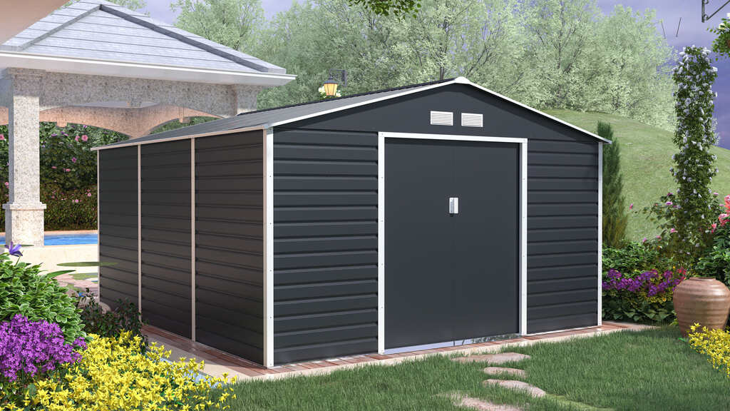 domek-ogrodowy-domek-narzedziowy-1300-340-x-380-cm-antracytowy w ogrodzie