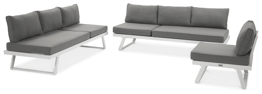 narożnik ogrodowy modułowy aluminiowy biały szary premium dwie kanapy 3